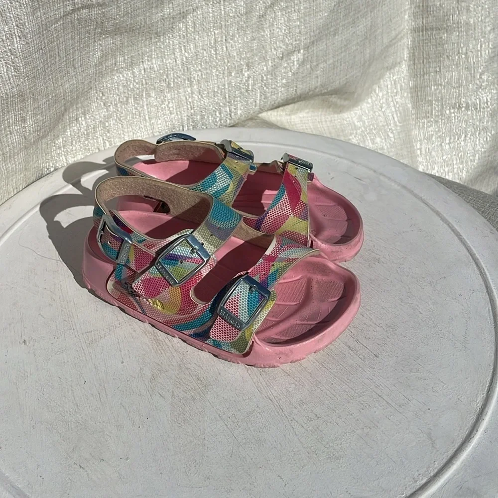Birki’s by Birkenstock Girls Multi Color with Pink Sole Sandals Sz 26